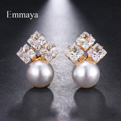Emmaya Brand Gorgeous Luxury Charm AAA Cubic Zircon Gold Color Pearl Earrings for Women Popular Wedding Travel Jewelry Gift