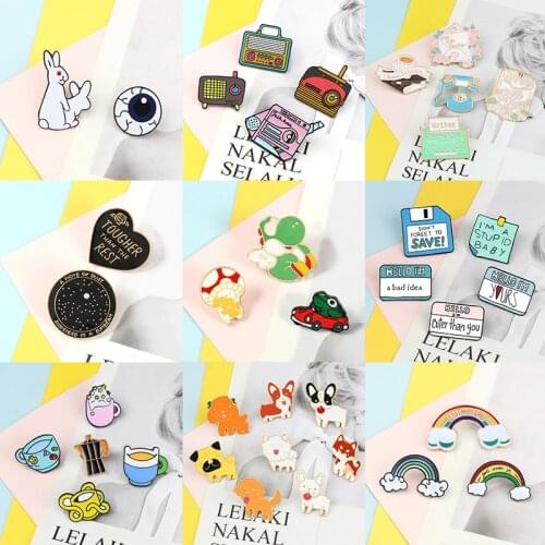 2~8Pcs/set Cartoon Enamel Pins Radio Teacup Frog Dog Rabbit Notes Brooch Denim Coat Bag Lapel Pin Badge Cute Animal Jewelry Gift