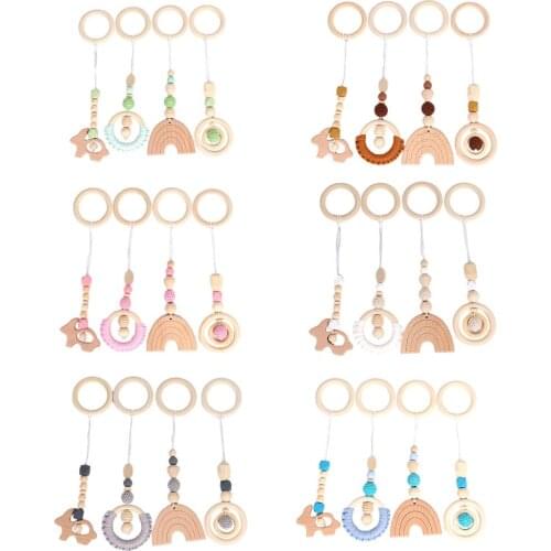 4 Pcs/Set Baby Play Gym Frame Stroller Hanging Pendants Wooden Ring Teether Molar Teething Nursing Rattle Toys Gifts Infant Room