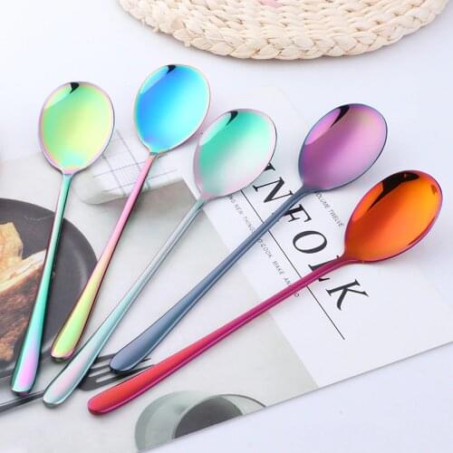 5Pcs Tea Coffee Soup Honey Long Handle Spoon 18/10 Stainless Steel Ladle Dessert Spoon Rainbow Color Cutlery Dinnerware