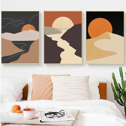 Abstract Nordic Sun Moon Canvas Painting Modern Lines Color Block Poster Geometric Mountain Wall Picture Living Room Home Decor