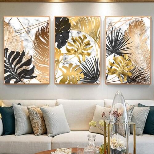 Abstract Golden Black Leaf Canvas Art Tableaux Cuadros Big Poster Print for Living Room Entrance Painting Luxury Marble Wall Art