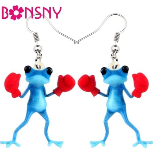 Bonsny Statement Acrylic Boxer Blue Frog Earrings Drop Dangle Unique Design Cartoon Animal Jewelry For Women Girls Gift Brincos