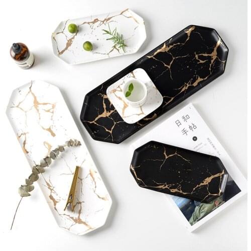 Household Ceramic Plate Rectangular Western Plate Storage Plate Sushi Plate Gold Pattern Plate Black and White