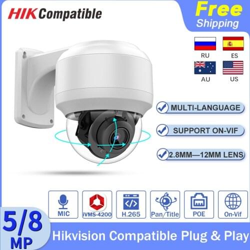 Hikvision Compatible PTZ IP Camera 8MP 4K Outdoor POE 5MP 4X Optical Zoom Dome IK10 Motion Detect Plug&Play Video Surveillance