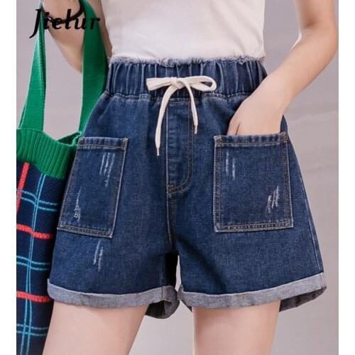 Jielur A-line High Waist Denim Shorts Female Cuffs Blue Drawsrting Pockets MIni Jeans Elastic Waist Loose Shorts Womens Summer