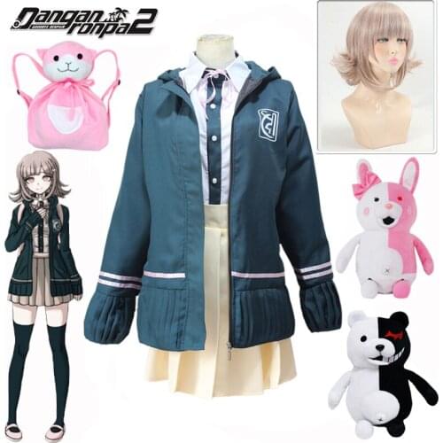 Super DanganRonpa 2 Dangan Ronpa Cosplay Chiaki Nanami Uniforms Jacket Shirt Tie Skirt For Women Chiaki Nanami Cosplay Wig Hairs