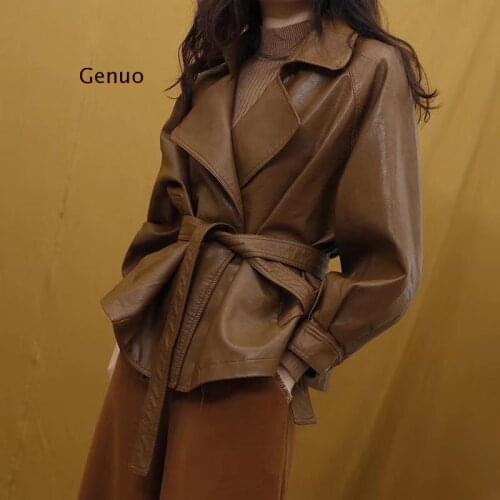New Fashion Lapel Oversize Bandage Waist Pu Leather Jacket Females Long Sleeve Loose Casual Coat