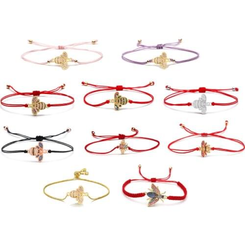 Cute Purple CZ Brass Bee Charm Bracelet Cubic Zirconia Pink Red Black Cord Lovely Insect Handmade With Love Adjustable Jewelry