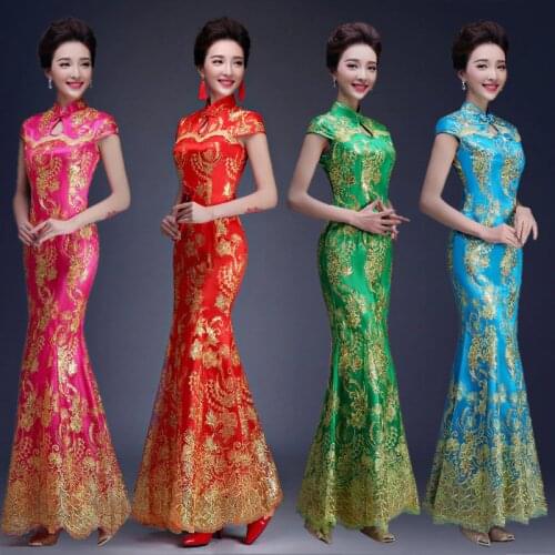 Fashion Multicolor Embroidery Cheongsam Mermaid Evening Gowns Long Qipao Chinese Traditional Wedding Dress Cheongsam
