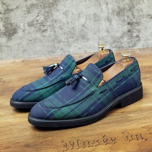 Mens Tassels Striped British Grid Loafers Mocassin Homme Wingtip Flats Casual Wedding Shoes Dress Green Plus Size 38-48