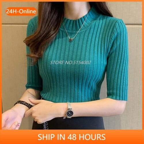 2020 Korea Knitted Half Sleeve Knitted Sweater Women New Spring Slim Basic Solid Casual Base Female Knitting Shirts