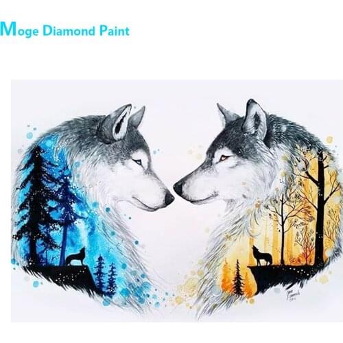 Blue & Yellow Forest Double Wolf Diamond Painting Round Full Drill Animal Nouveaute DIY Mosaic Embroidery 5D Cross Stitch Gifts
