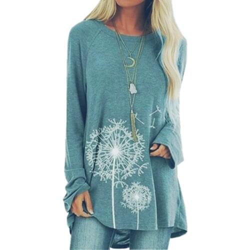 Autumn Winter Tunic Top Women Long Sleeve Round Neck Pullover Loose Solid Color Dandelion Print Medium Long Tops