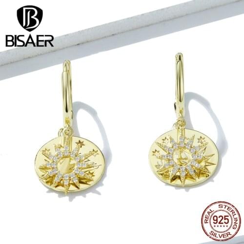 Star Earrings BISAER 925 Sterling Silver Luminous Cubic Zircon Geometric Drop Earrings for Women Sterling Silver Jewelry EFE260