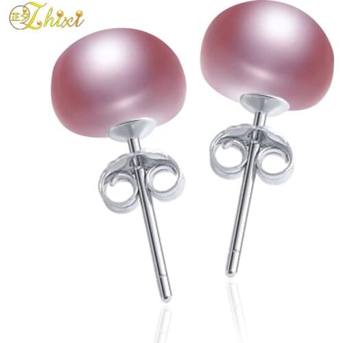 ZHIXI Natural Pearl Earrings 925 Sterling Silver Jewelry Freshwater Pearl Earrings Wedding Birthday Gift For Women Purple E2533