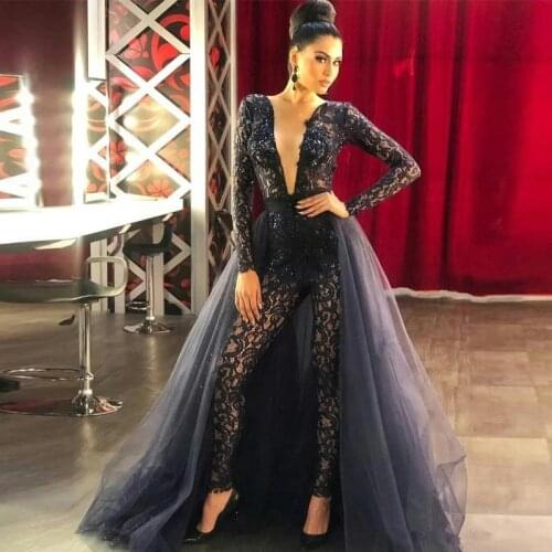 2020 Chic Jumpsuits with Detachable Train Illusion Lace Deep V Neck Prom Dresses Sequined Long Sleeve Sexy Prom Gowns