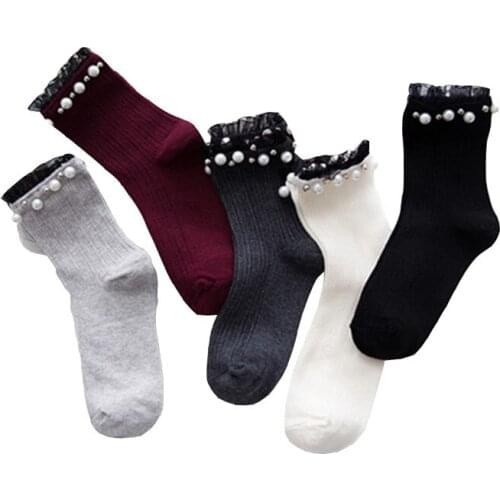 5Pairs Hot Sale Fashion Handmade Pearl Cotton Socks Women High Quality Glitter Funny Socks Girls For Spring Autumn Winter