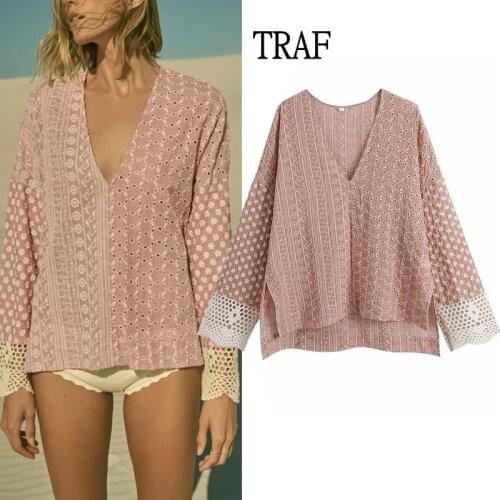 TRAF Blouses Za 2021 Summer Women Elegant V Neck Hollow Embroidery Womens Shirt Loose Blouse Long Sleeve Top Irregular Hem