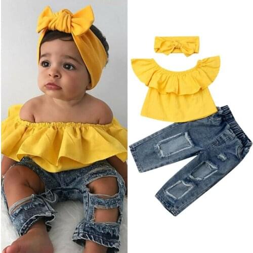 UK 3PCS Toddler Kids Summer Baby Girl Clothes Ruffle Yellow Off-the-shoulder Tops Denim Pant Jeans Headband Outfit