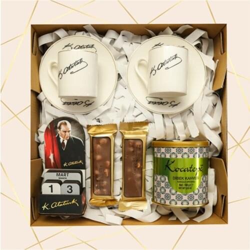 Atatürk Signature Printed Cup, Atatürk Printed Wooden Desk Calendar, Turkish Coffee, Gift Box