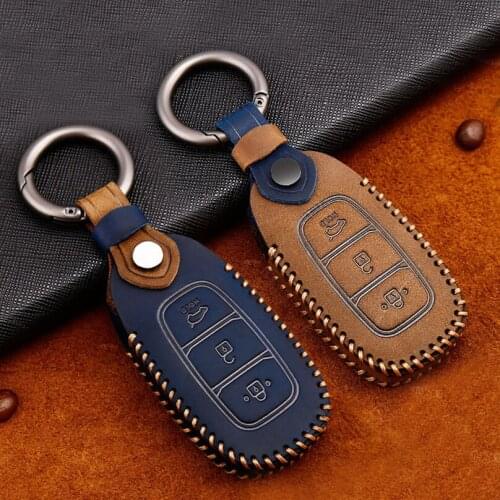 Leather Car Key Case For Hyundai Santa Fe TM 2019 I30 2018 Solaris Azera Elantra Grandeur Accent Keychain Holder Protector Cover