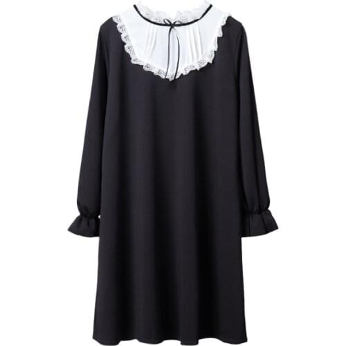 Black Women Straight Dresses Petal Sleeve Stand Collar Lace Patchwork Dress Sweet Style Korean Ladeis Knee Length Dress