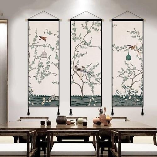 Chinese Style Flower Green Plants Canvas Decorative Painting Store Bedroom Living Room Wall Art Solid Wood Scroll Paintings