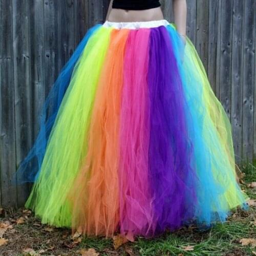 Long Rainbow Tulle Skirt Saia Floor Length Celebrity Party Skirts Colorful Chrismas Clothes Skirts Womens Rain Bow Sreet Style