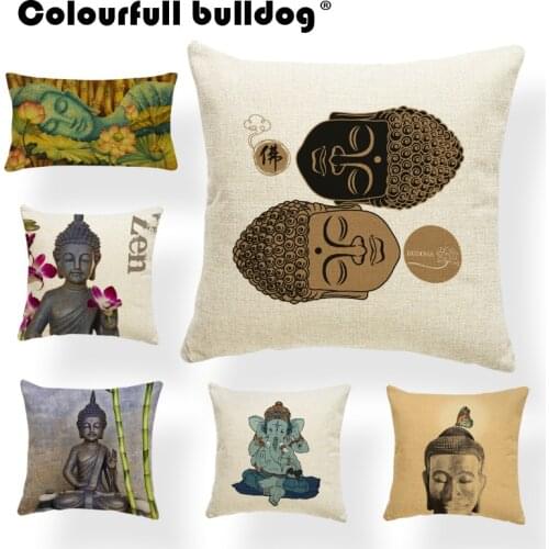 Ganesha Thailand China Buddha Cushion Cover Geometry Pillow Case Blue Bamboo Watercolor Pillowcases Letter Couch Gifts 43Cm Warm