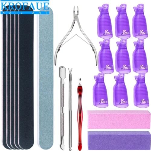 KROFAUE Nail Polish Remover Tool Soak Off UV Gel Cap Clip Wrap Tools Cuticle Pusher Fork Nail Clean Pedicure Acrylic Nail Kit