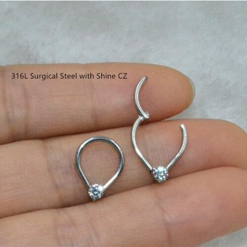 50pcs 316L Surgical Steel Heart Round CZ Gem Nose Hinged Segment Clicker Ring Ear Helix Cartilage Ring Body Piercing Jewelry 16G