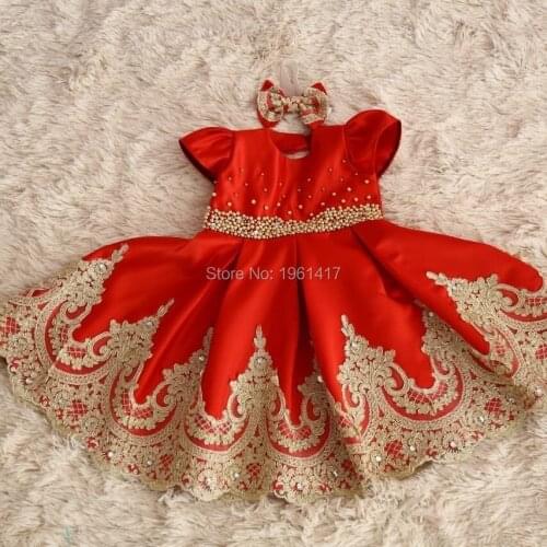 New Girls Lace Dress Red Dresses With Gold Beading For Girls Party Dress cap Sleeve Ball Gown Clothes Photography Props