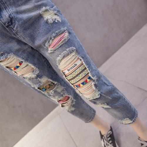 Summer Women Denim Pants Fashion Trend Hole Stretched Jeans High Waist Female Vintage Ankle-Length Pants Plus Size Jeans Y326