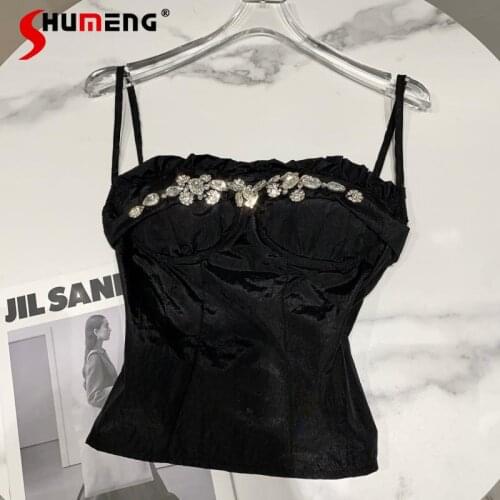 2021 Summer New Handmade Large Particle Rhinestone Slim Camisole Top All-match Sexy Sling Black and White Vest