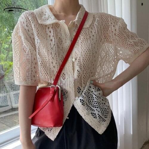 Summer New 2021 Thin Lace Crochet Floral Shirt Korean Lace Blouse Women Perspective Short Sleeve Top Women Blusas Mujer 14842