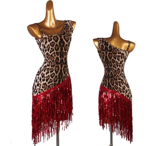 New Latin Dance Dress Female Sexy Leopard Print Red Shiny Fringe Costume Rumba Tango Samba Salsa Dancewear Costume Made DQL3044