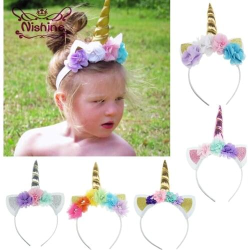 Nishine New Girls Unicorn Horn Hairband Chiffon Mesh Flowers Children Headwear Birthday Gifts Photo Props Hair Accessories
