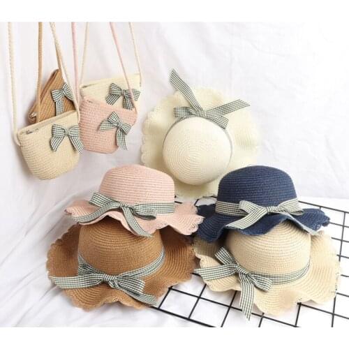 S-maqiao Lovely Baby Girls Child Straw Hat Baby Sun Hat Fashion bow Girl Summer Beach Visor Hat Straw Bag Two-Piece Set
