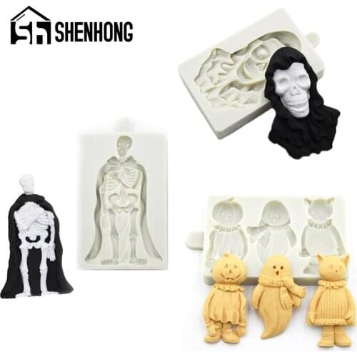 SHENHONG Halloween Fondant Cake Mold Gum Paste Sugar Craft Chocolate Skeleton Ghosts Pumpkin Demon Clown Pattern Silicone Mould