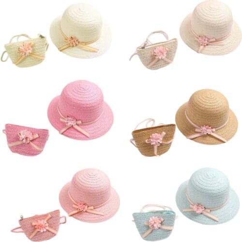 Baby Girls Straw Sun Visor Hat with Zipper Shoulder Bag Floral Bowknot Beach Hat