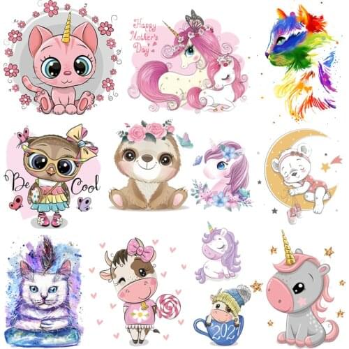Cute Animals Unicorn Cat Heat Vinyl Transfer For Clothing Iron On Cartoon Transfers For Clothes Stickers Thermo For Diy T-shirt