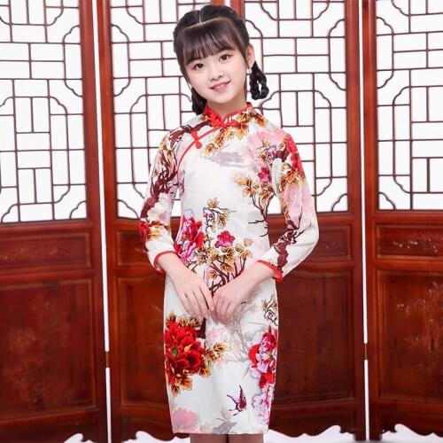 Long sleeve peony Chinese Traditional dress Girls cheongsam qipao style Cute Baby