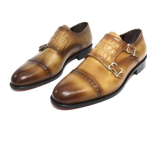 SHENBINS Handmade Double Strap Monk Shoes with Walnut Patina and Crocodile Pattern Leather, Full Leather Soles, Formal Fashion
