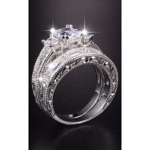 Vintage three-stone Square Simulated Diamond Ring 2-in-1 925 Sterling silver Jewelry Engagement Wedding Rings Set for Women