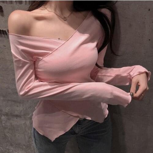 WOMENGAGA Korean V-neck Long Sleeve Split Bottomed Tops Splicing Slim Solid Color All-match T-shirt Autumn T8WH