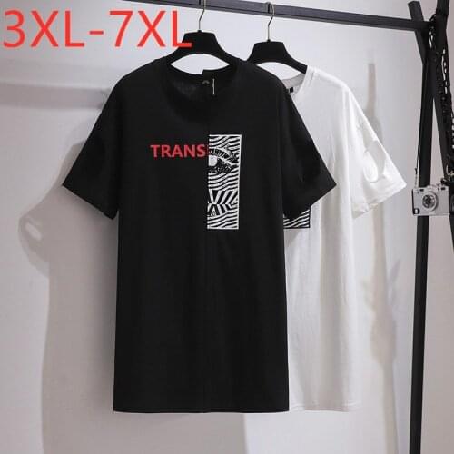 New 2021 Summer Plus Size Tops For Women Large Short Sleeve Loose Cotton Black Print O-neck Long T-shirt 3XL 4XL 5XL 6XL 7XL