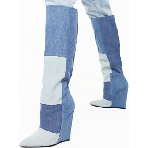 Winter New Fashion Wedges Pointed Toe Patchwork Denim Plus Size 45 46 Women Knee-High Long Cowboy Boots 20210127