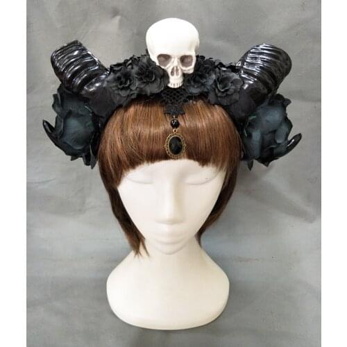 Girl Halloween Stereo Devil Horns Skull Headband Gothic Sheep Horn Flowers Headdress Hairband Cosplay Headwear Accessories