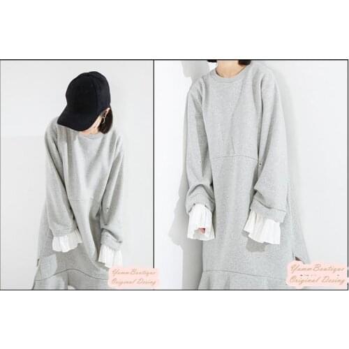 Asymmetrics Cuts Overlong Oversized Long Dress with Hem and Sleeve Ends Frill Pullover Sweatshirt Women with Shirt Layer
